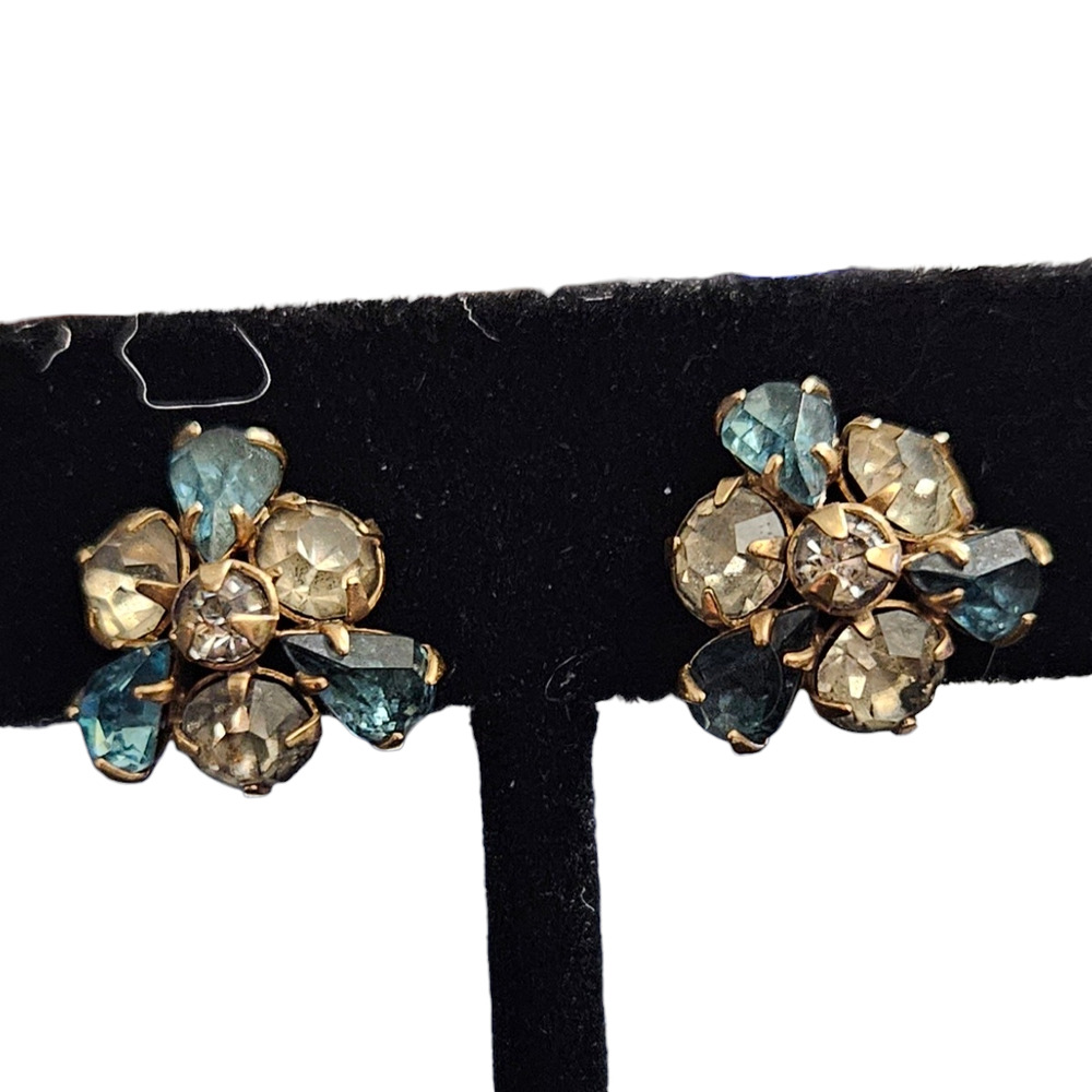 Vintage M&S Mitchell Sons 12K GF Blue Rhinestone Floral Screw Back Earrings